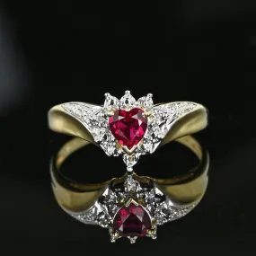 Vintage Gold Crown Diamond Wing Ruby Heart Ring