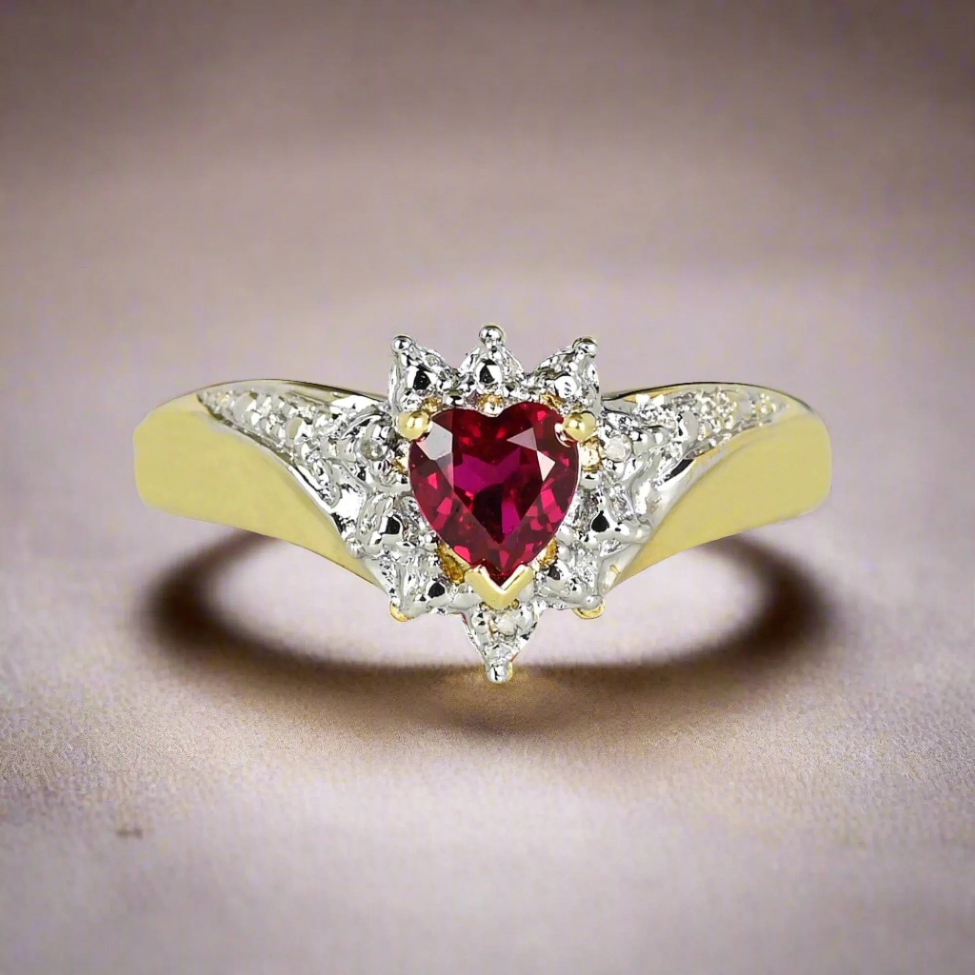 Vintage Gold Crown Diamond Wing Ruby Heart Ring