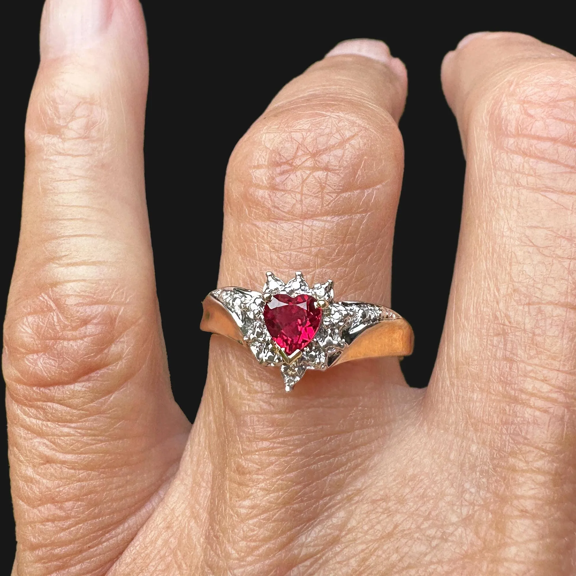 Vintage Gold Crown Diamond Wing Ruby Heart Ring