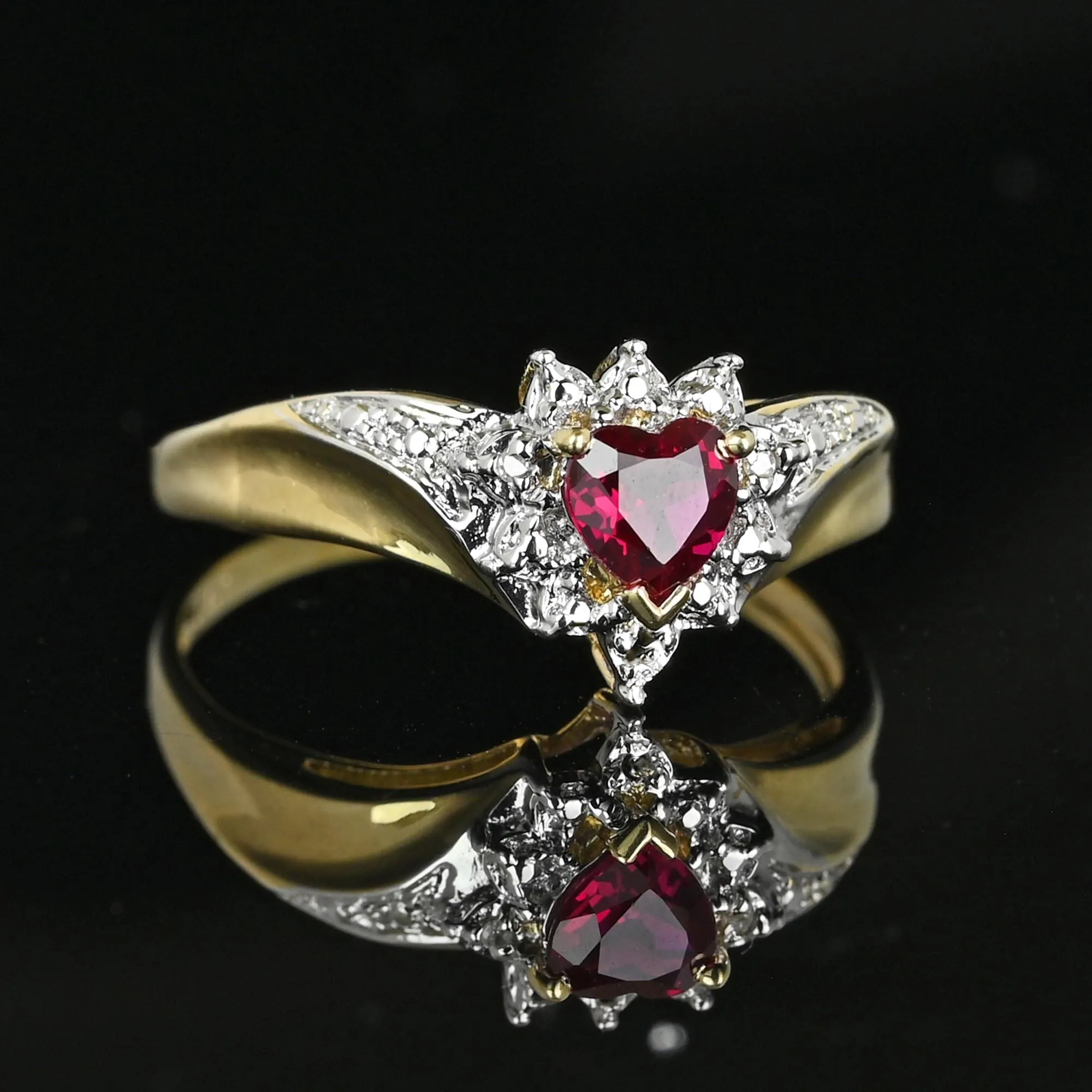 Vintage Gold Crown Diamond Wing Ruby Heart Ring