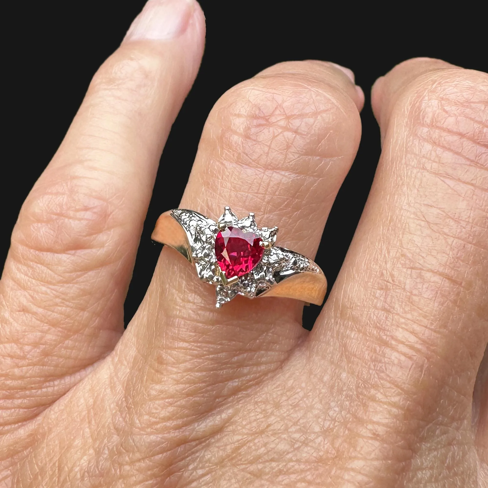 Vintage Gold Crown Diamond Wing Ruby Heart Ring