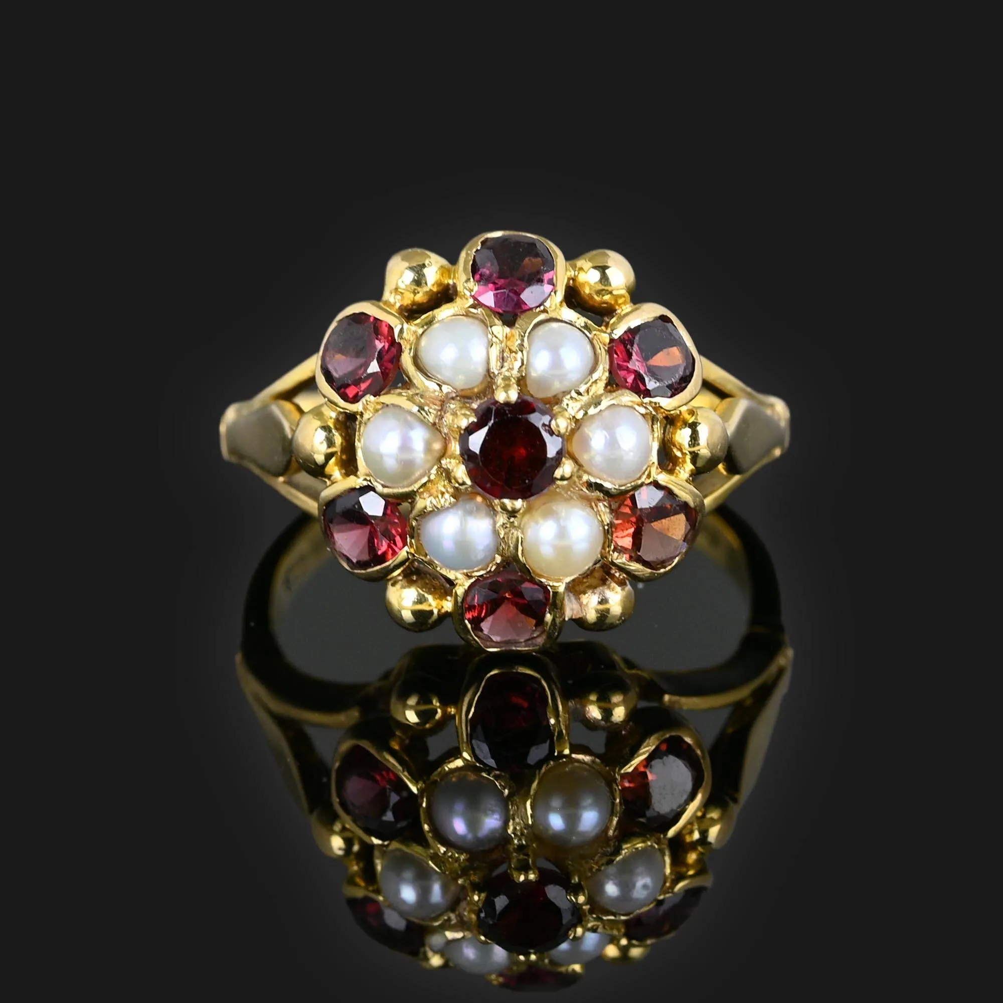 Vintage Gold Pearl Garnet Cluster Ring, Princess Style