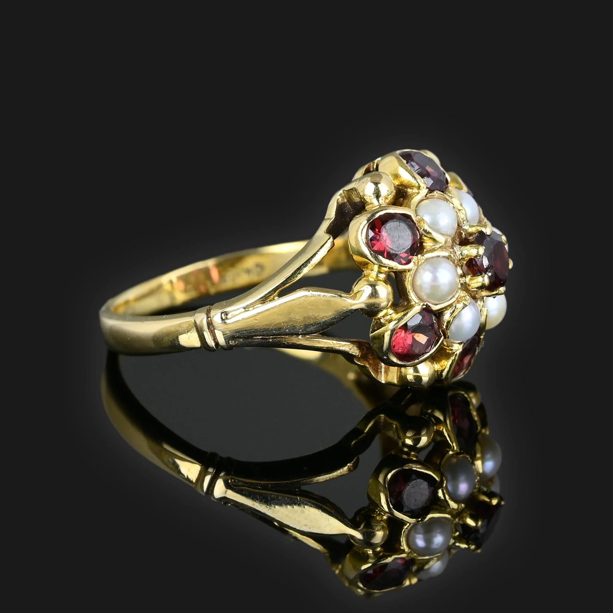 Vintage Gold Pearl Garnet Cluster Ring, Princess Style