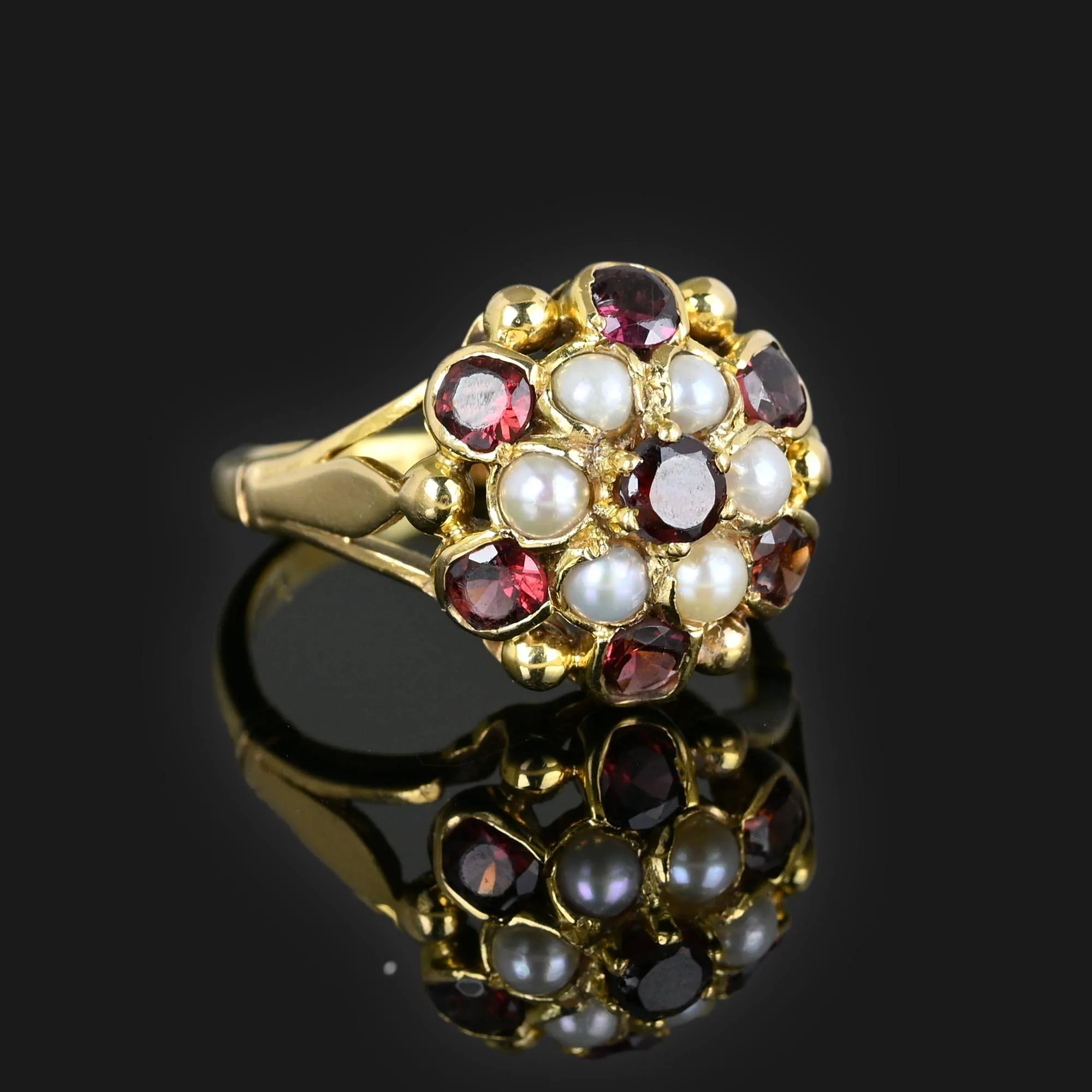 Vintage Gold Pearl Garnet Cluster Ring, Princess Style