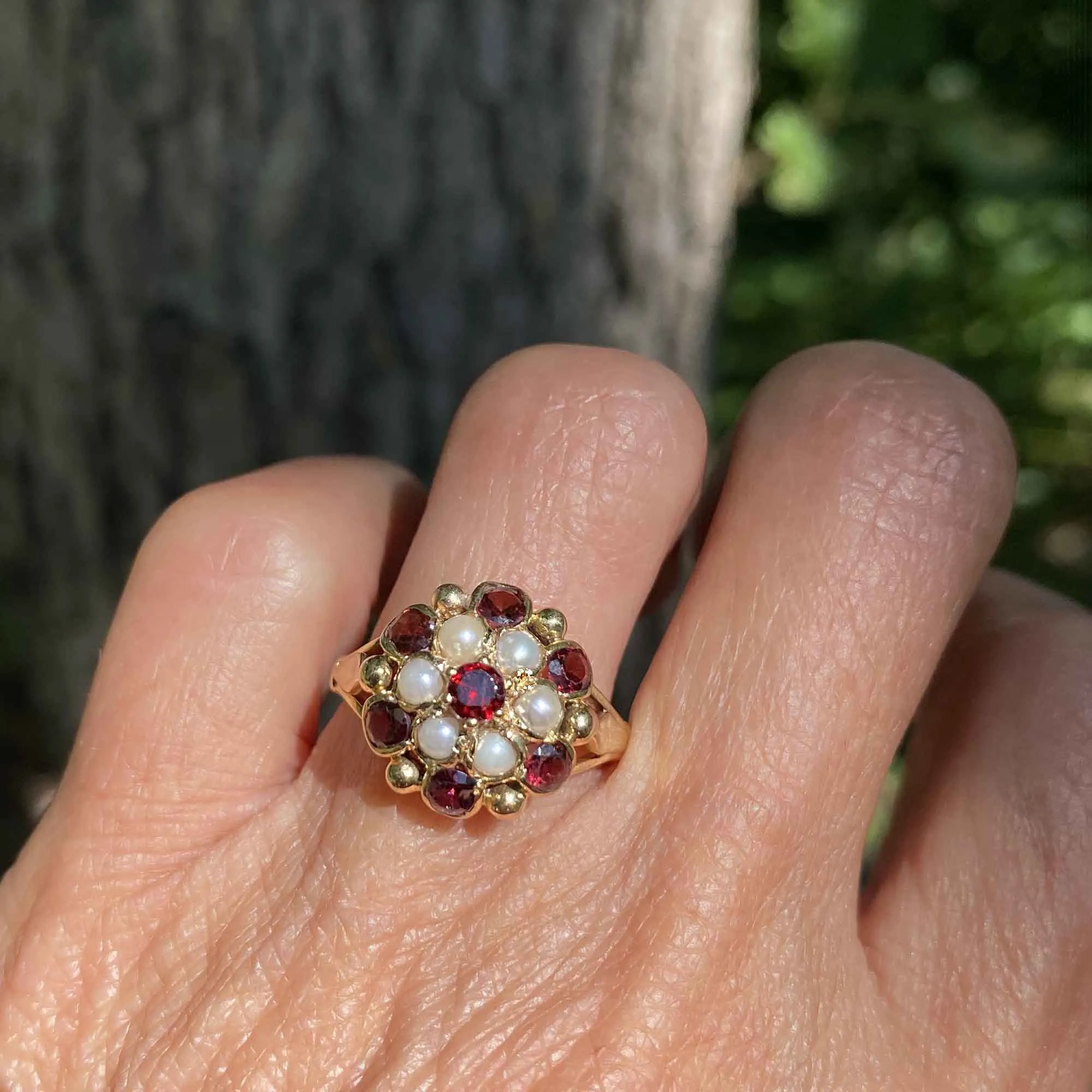 Vintage Gold Pearl Garnet Cluster Ring, Princess Style