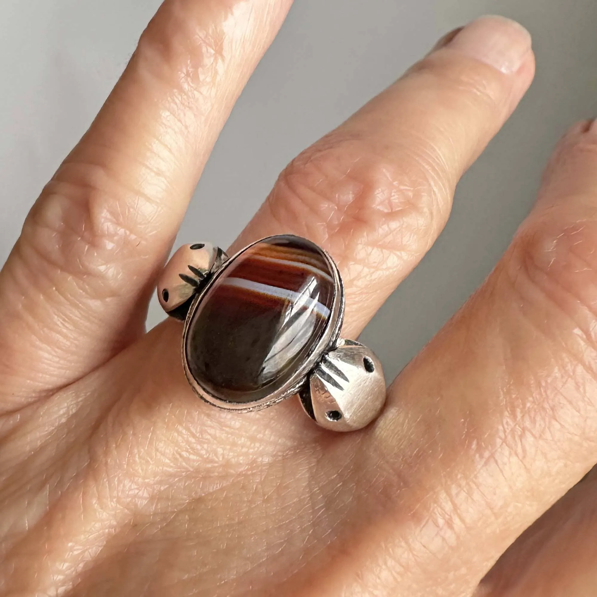 Vintage Silver Banded Agate Double Snake Ring