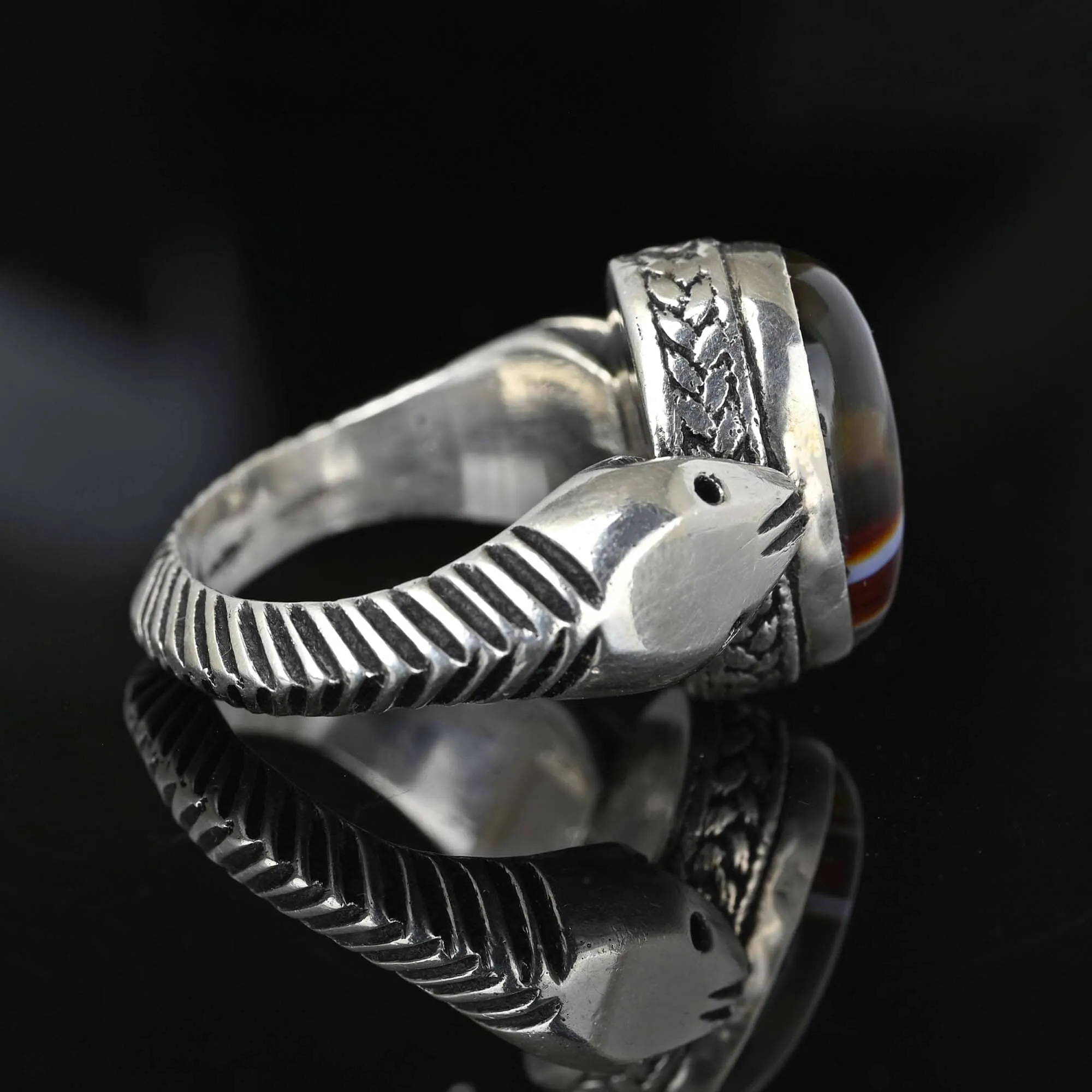 Vintage Silver Banded Agate Double Snake Ring