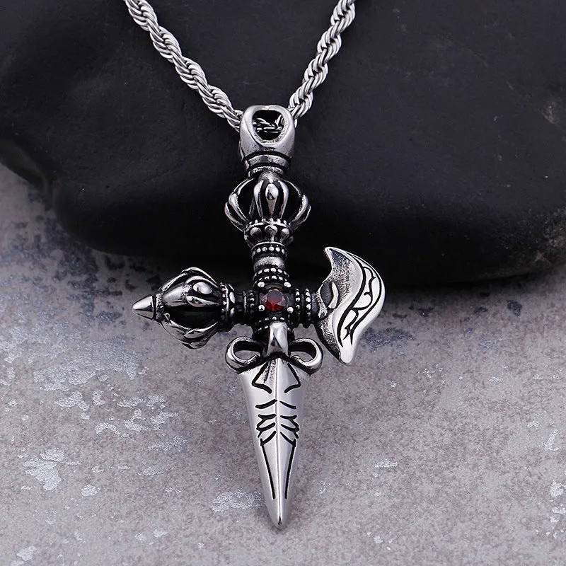 Vintage Style Men's Titanium Steel Ruby Cross Pendant