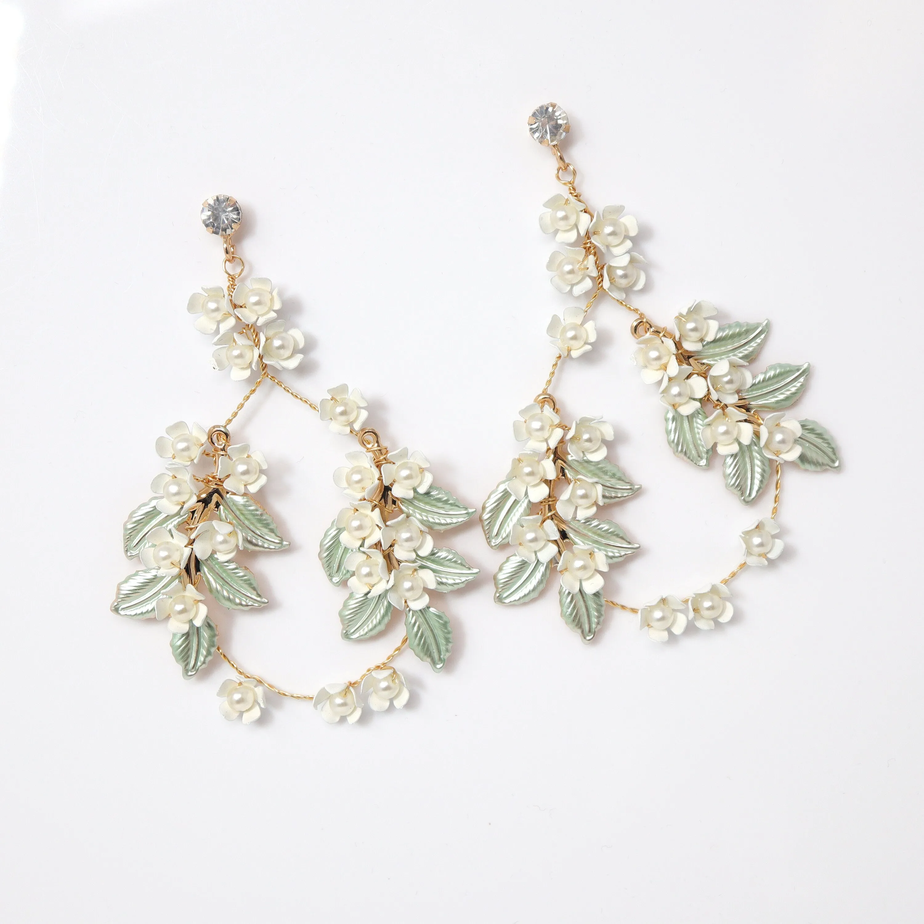 White Flower Green Leaves Pearl Hoop Earrings, Long Bridal Jewelry, Dangle Earrings, Bridal Crystal Earrings, Statement Earrings