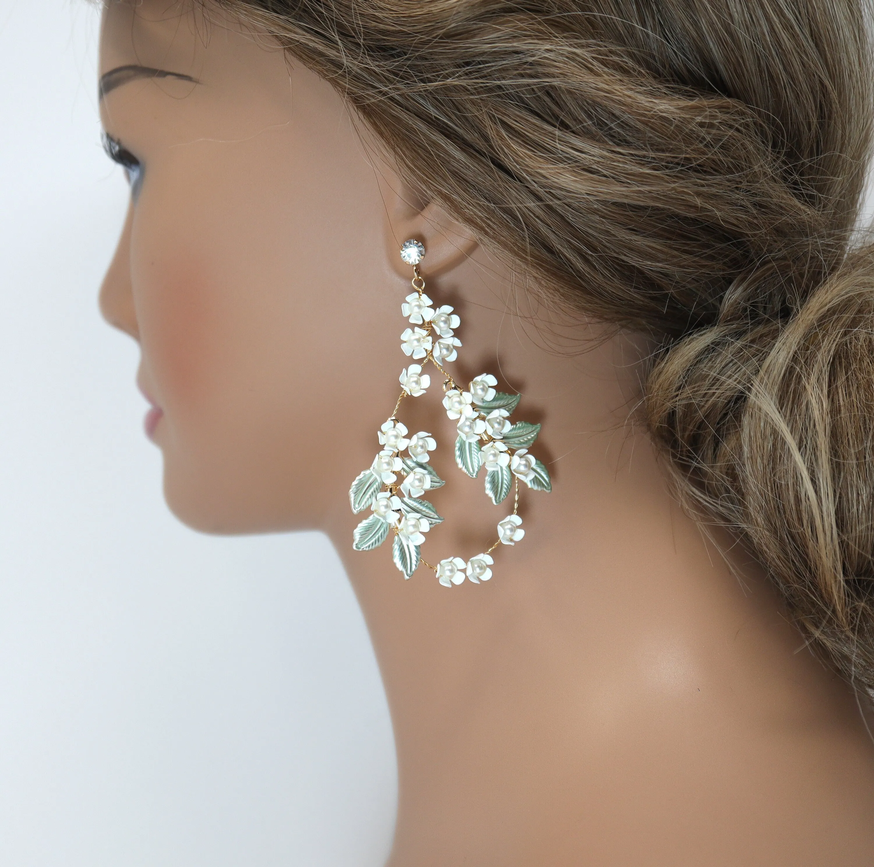 White Flower Green Leaves Pearl Hoop Earrings, Long Bridal Jewelry, Dangle Earrings, Bridal Crystal Earrings, Statement Earrings