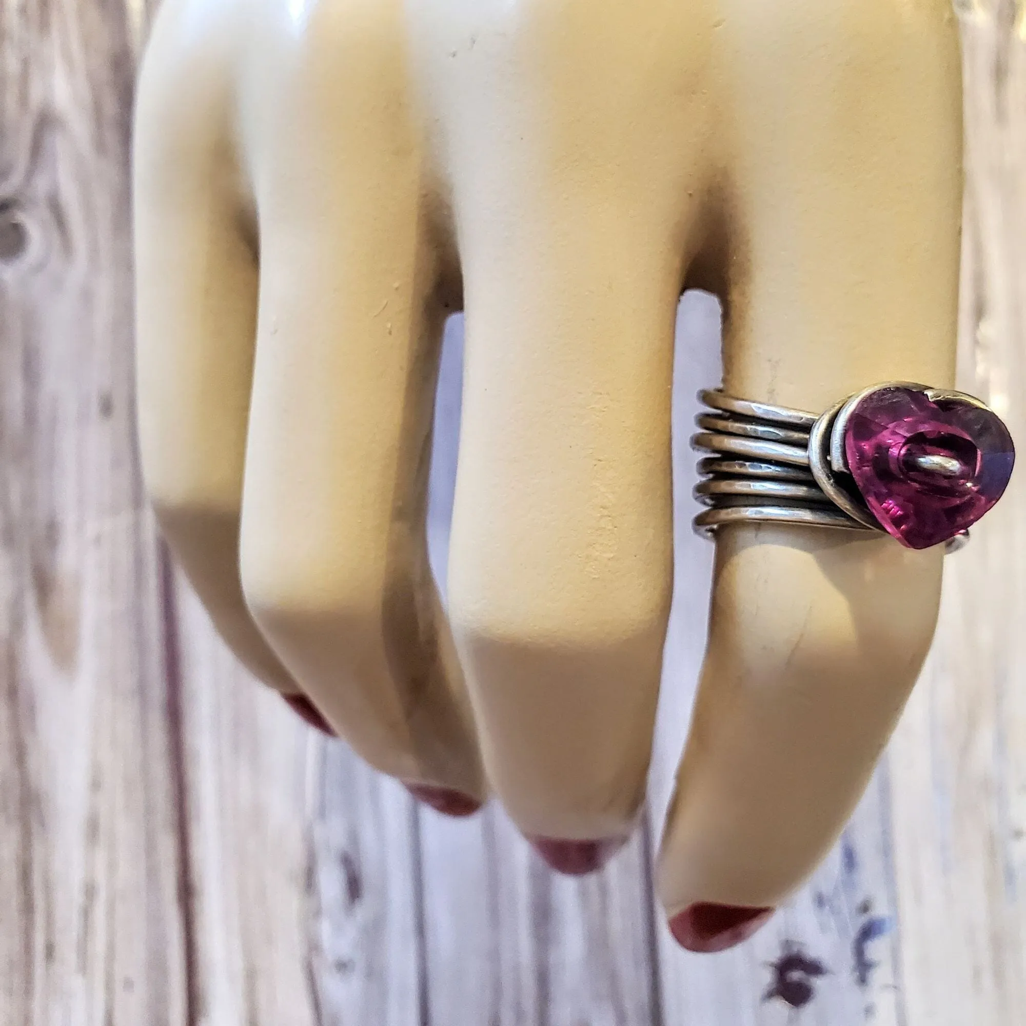 Wire Wrapped Pink Crystal Heart Glam Ring by Alexa