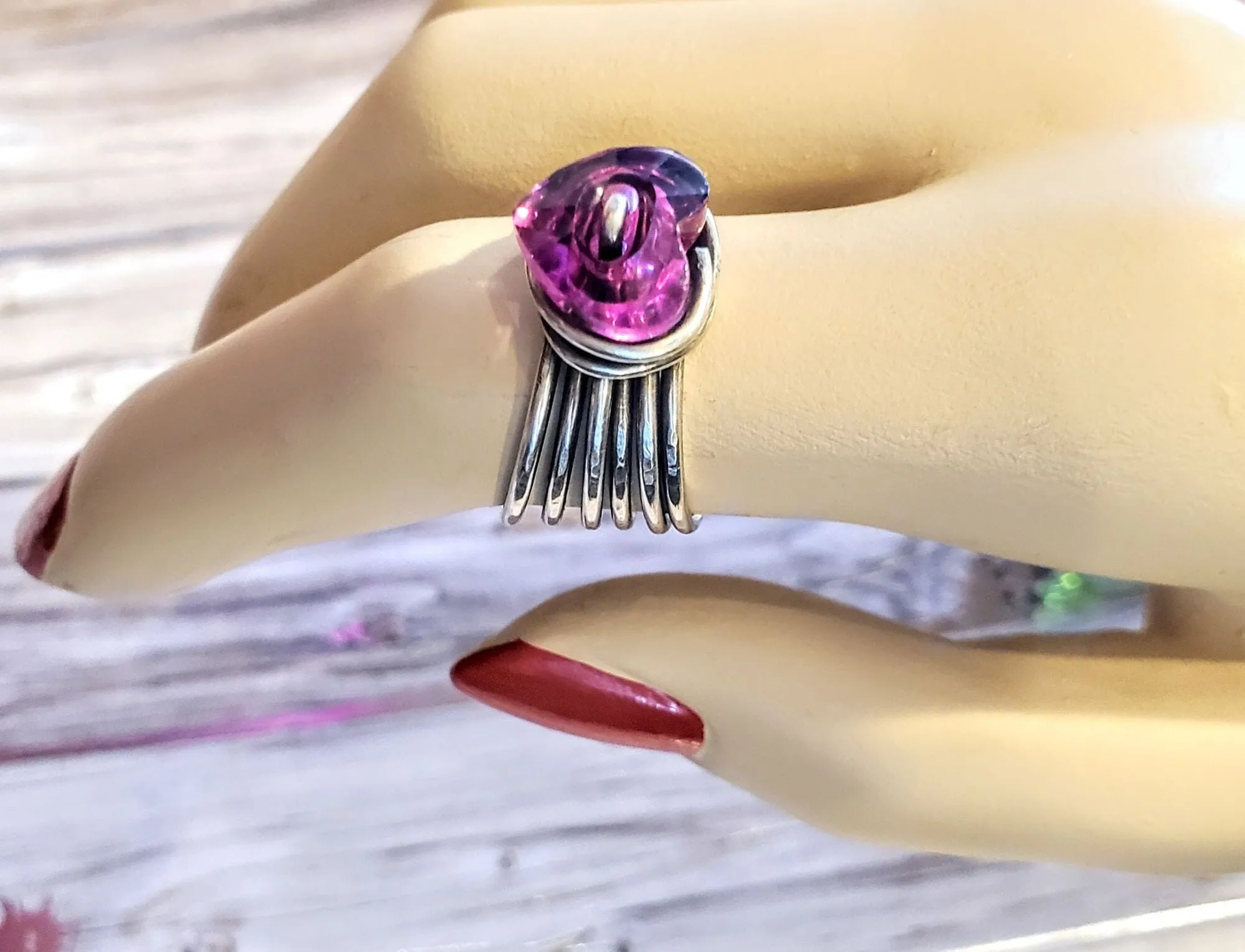 Wire Wrapped Pink Crystal Heart Glam Ring by Alexa