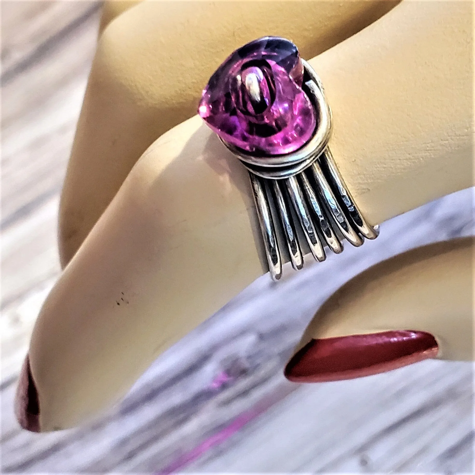 Wire Wrapped Pink Crystal Heart Glam Ring by Alexa