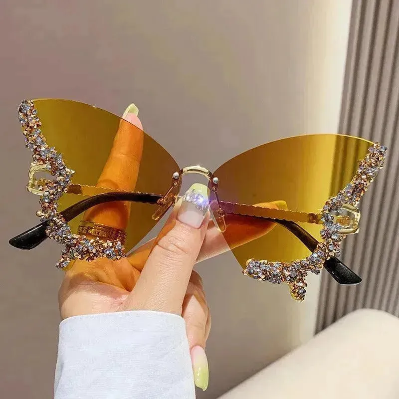 Y2K Vintage Rimless Luxury Diamond Butterfly Sunglasses for Classy Chic Ladies Women