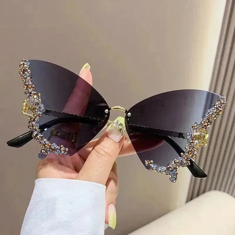 Y2K Vintage Rimless Luxury Diamond Butterfly Sunglasses for Classy Chic Ladies Women