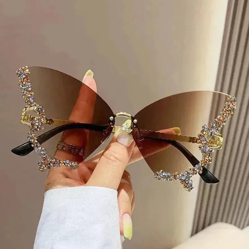 Y2K Vintage Rimless Luxury Diamond Butterfly Sunglasses for Classy Chic Ladies Women