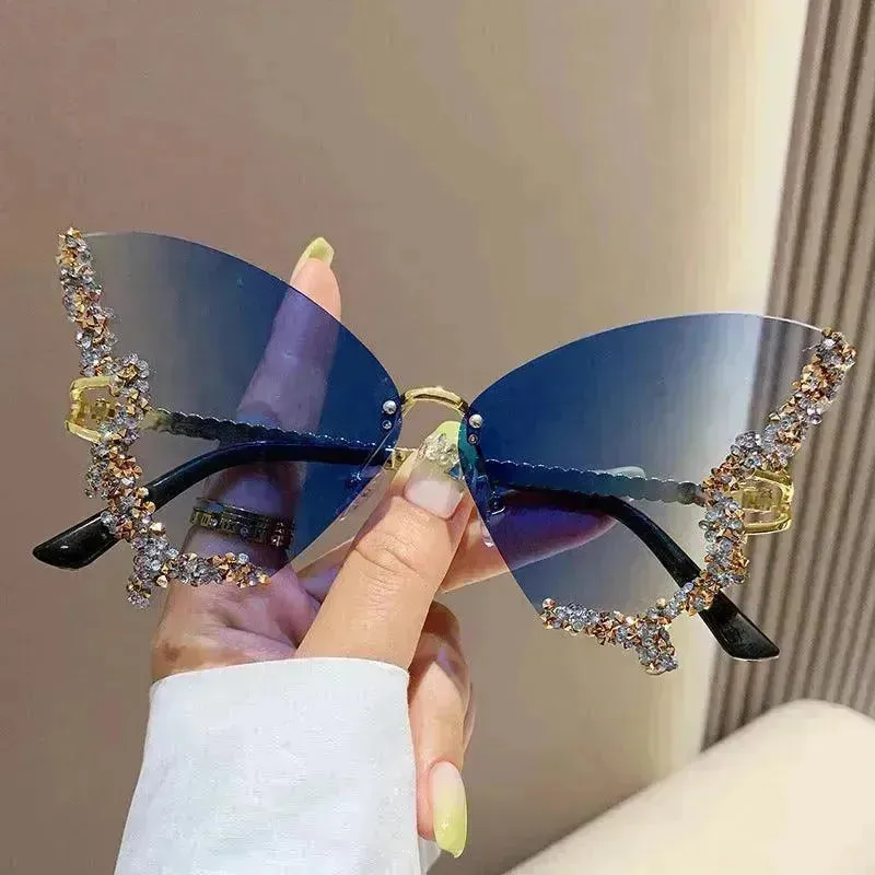 Y2K Vintage Rimless Luxury Diamond Butterfly Sunglasses for Classy Chic Ladies Women