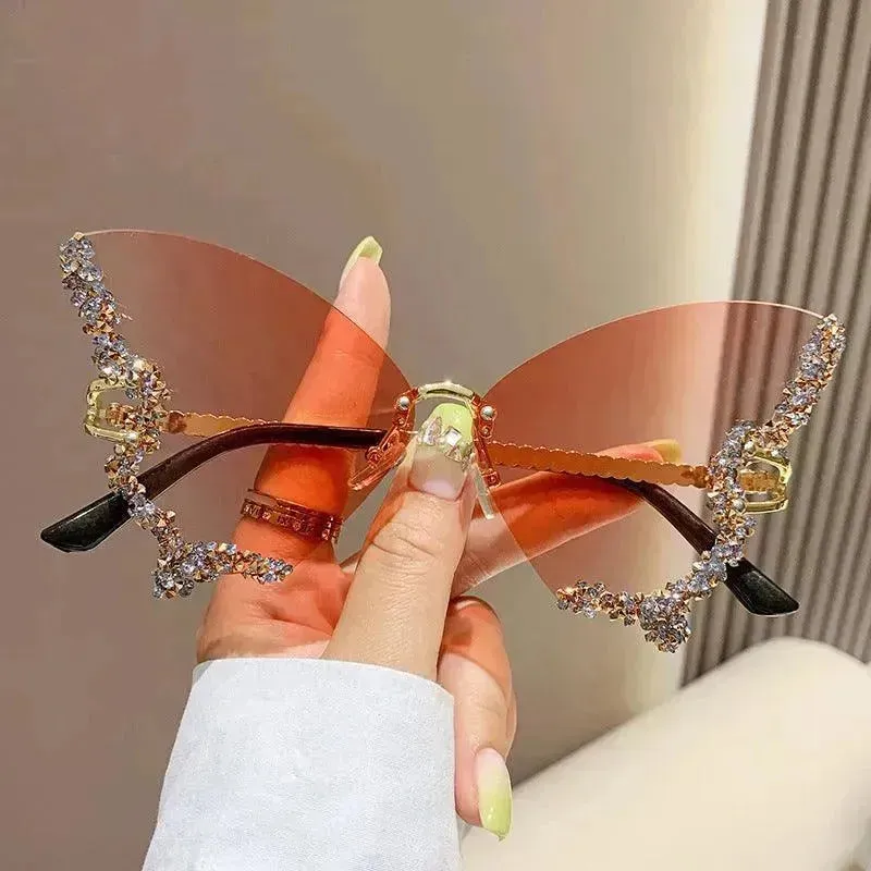 Y2K Vintage Rimless Luxury Diamond Butterfly Sunglasses for Classy Chic Ladies Women