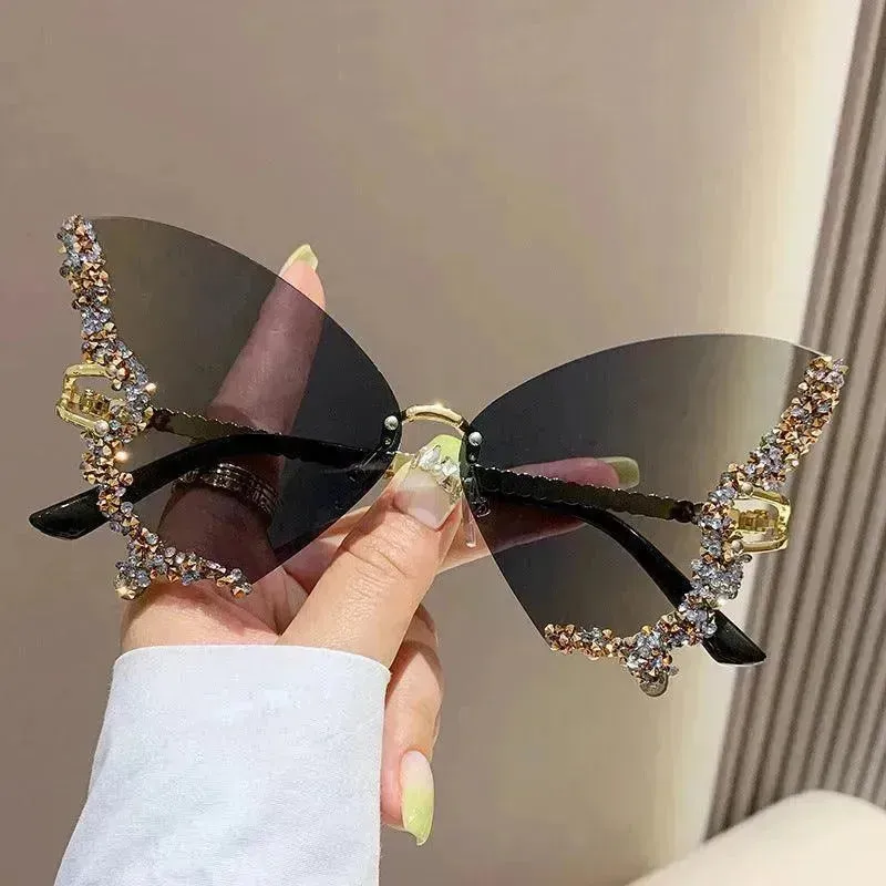 Y2K Vintage Rimless Luxury Diamond Butterfly Sunglasses for Classy Chic Ladies Women