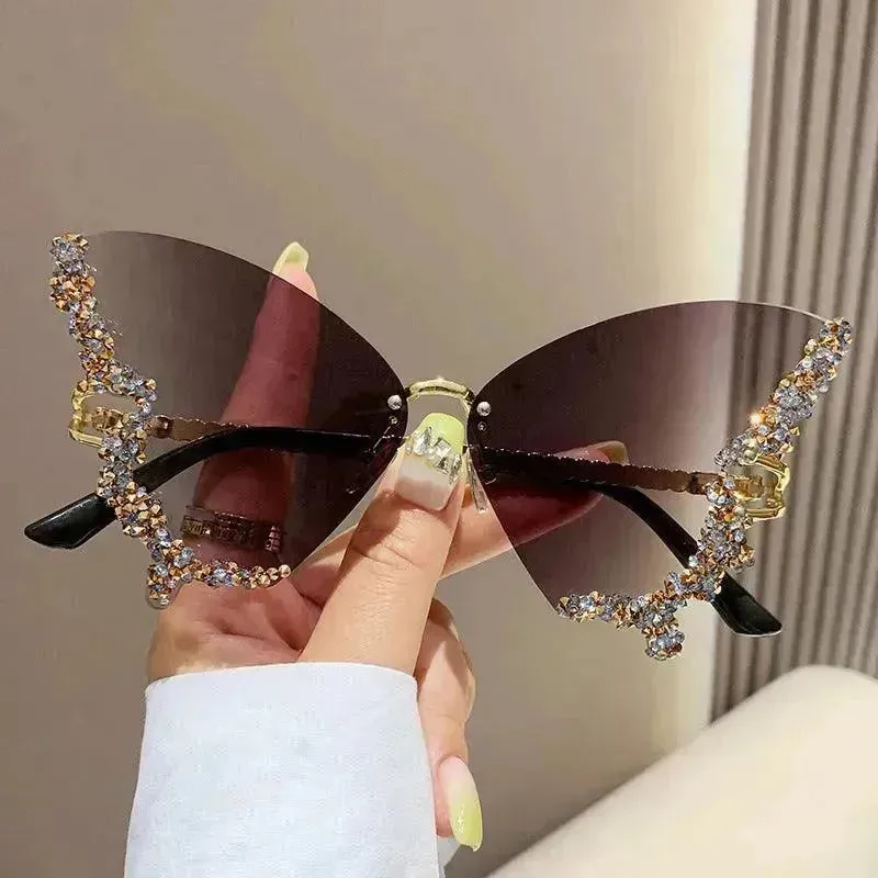 Y2K Vintage Rimless Luxury Diamond Butterfly Sunglasses for Classy Chic Ladies Women