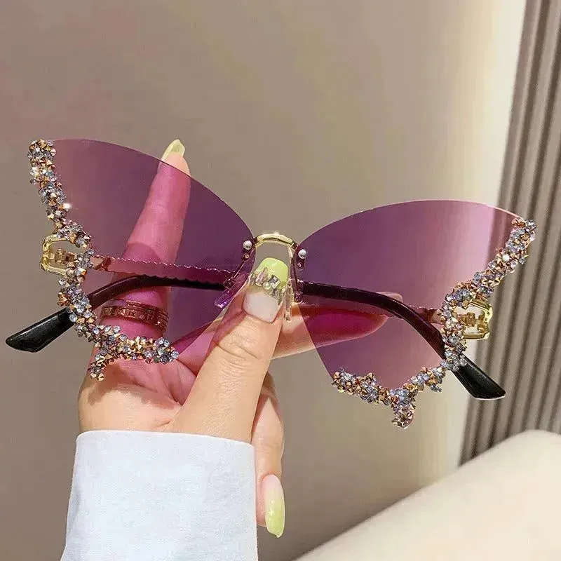 Y2K Vintage Rimless Luxury Diamond Butterfly Sunglasses for Classy Chic Ladies Women