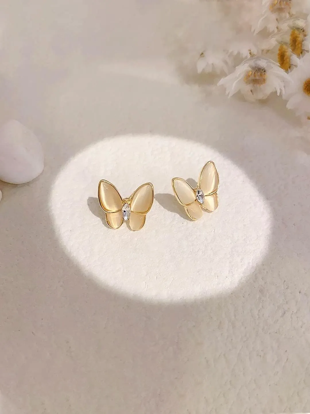 Yellow Chimes Earrings for Women and Girls Golden Stud Earrings for Women | Gold Plated Opal Stone Butterfly Shaped Stud Earrings | Birthday Gift for girls and women Anniversary Gift for Wife