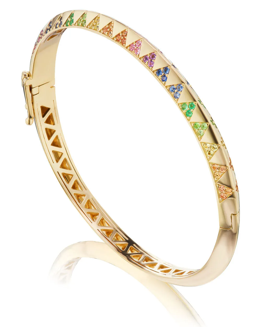 Yellow Gold Rainbow Sapphire Knife Edge Talisman Bangle Bracelet