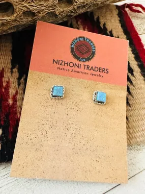 Zuni Blue Opal & Sterling Silver Square Stud Earrings